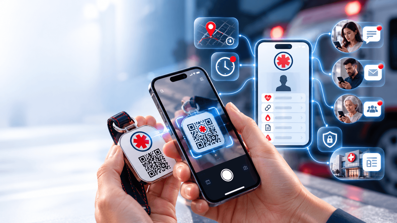 A Medical Alert QR tag being scanned and notifying trusted contacts